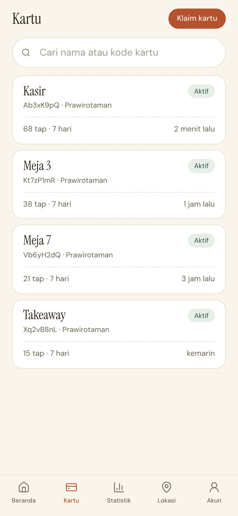List of TabReview cards with the number of taps on each