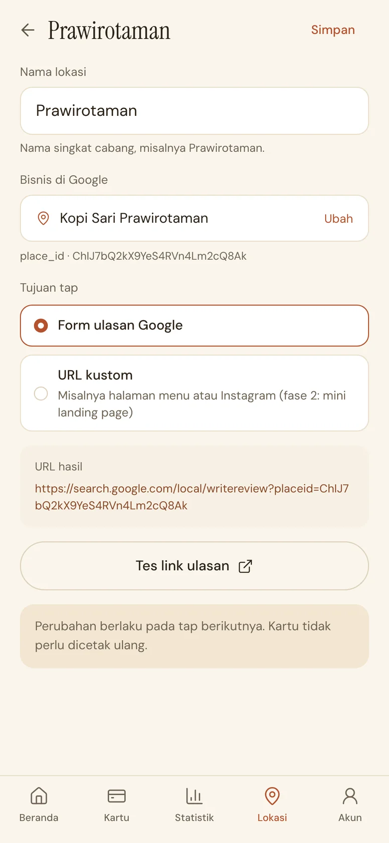 TabReview location settings for picking the Google business and the tap destination